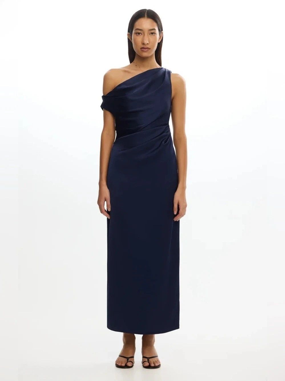 Significant Other Alyssa One Shoulder Satin Maxi Dress Size 8 Navy Blue